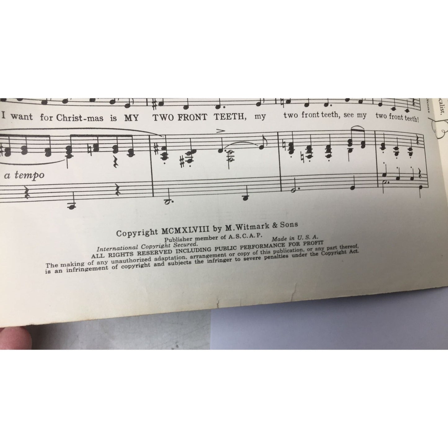 vintage sheet music for the holiday classic "(All I Want for Christmas) Is My Two Front Teeth". A+ Stuff  A+ Stuff SHEET MUSIC