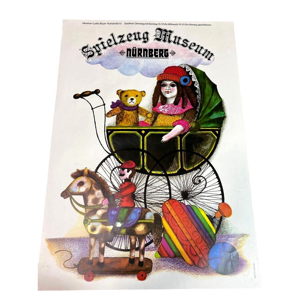 Doll in Carriage w Teddy & Hobby Horse Spielzeug Museum Nurnburg (Nuremburg) Vintage 1970-1980s Poster - approx 23.5" x 33" Spielzeug Museum Nuremberg  A+ Stuff