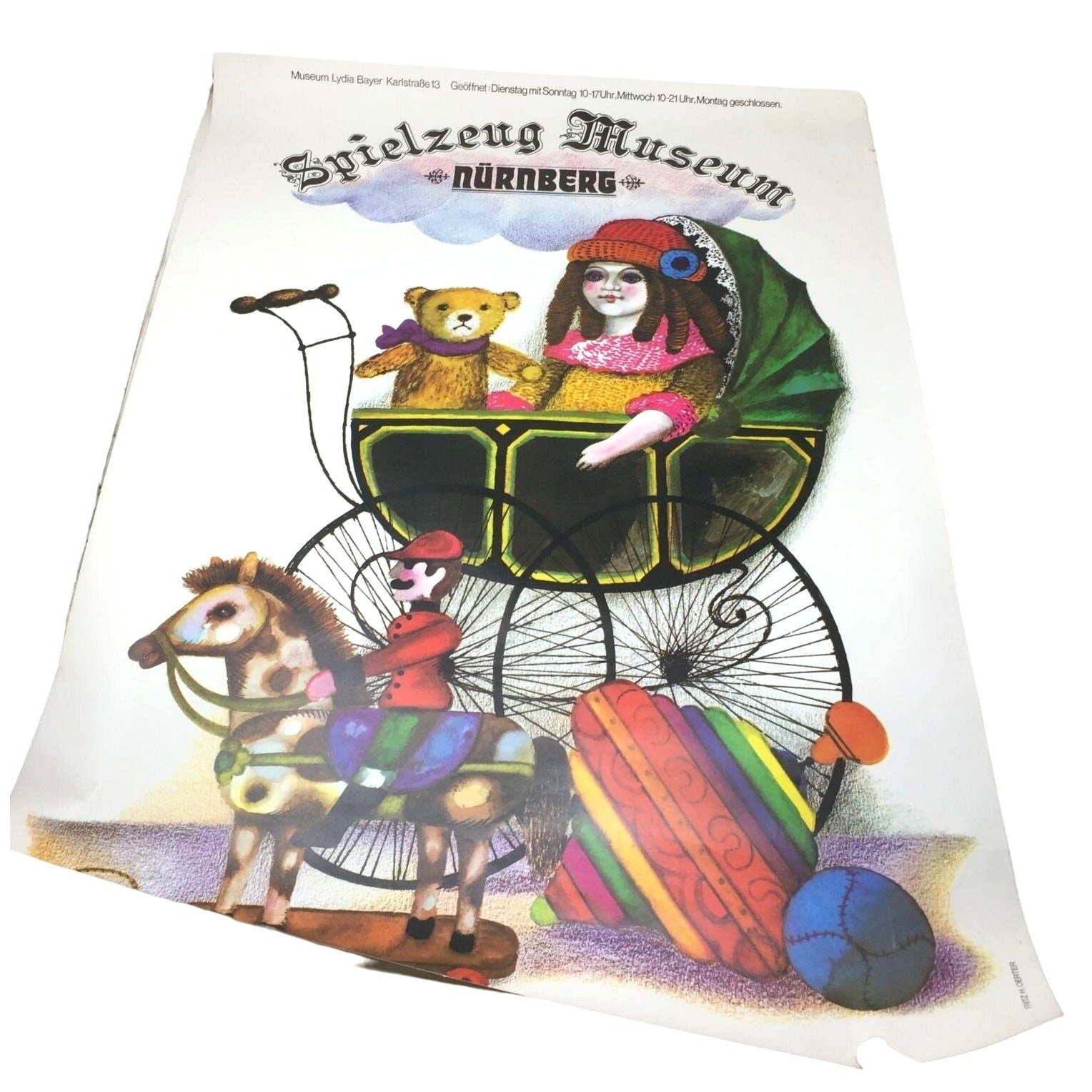 Doll in Carriage w Teddy & Hobby Horse Spielzeug Museum Nurnburg (Nuremburg) Vintage 1970-1980s Poster - approx 23.5" x 33" Spielzeug Museum Nuremberg  A+ Stuff