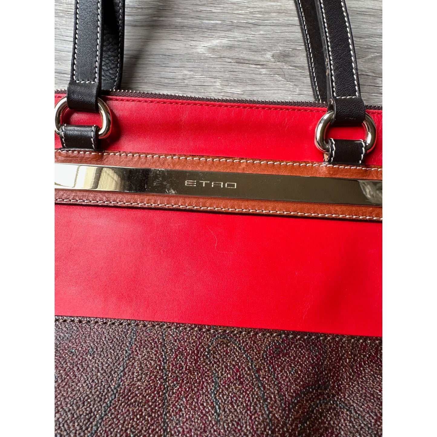 ETRO Milano Limited Edition Red Leather and Coated Paisley Canvas Bag