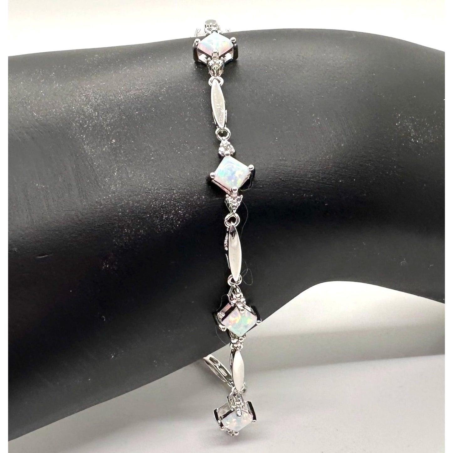 Princess Cut Lab Created Opal Bracelet with Diamond Accent