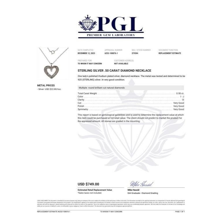Beautiful 1/2 Carat Natural Diamond Heart Pendant Necklace with .925 Sterling Chain