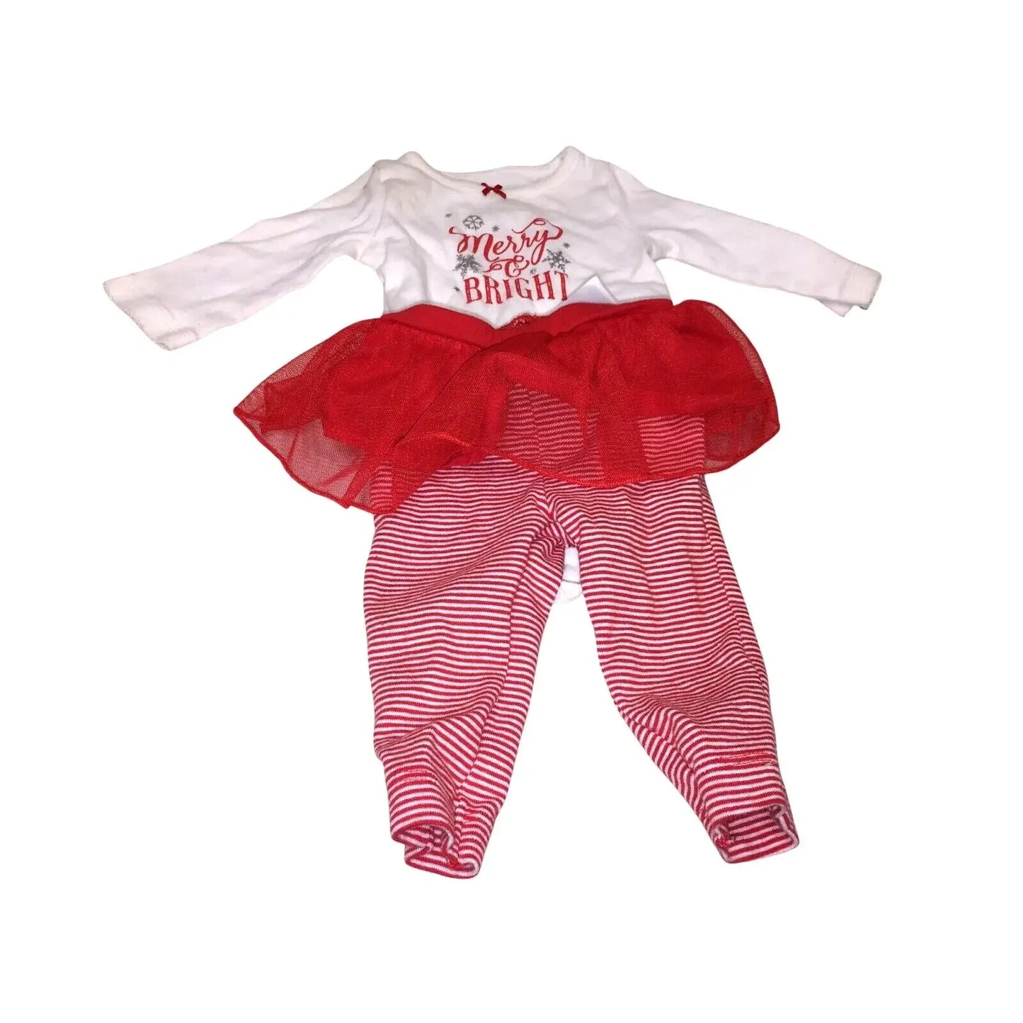 Baby holiday outfit with red tutu skirt, striped leggings, and 'Merry & Bright' top