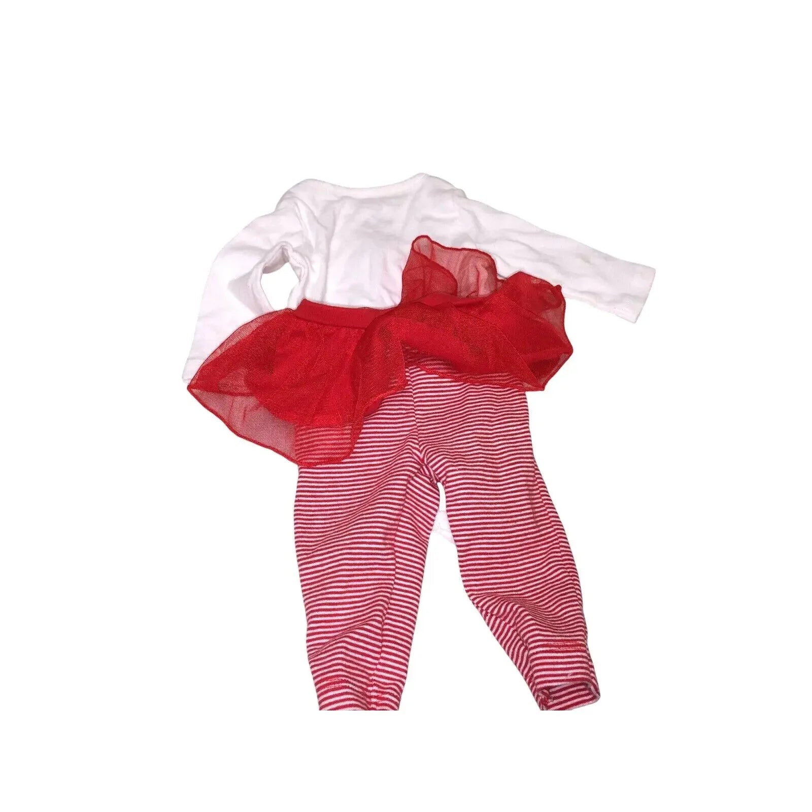 Baby outfit with white long-sleeve top, red tutu skirt, and red striped leggings