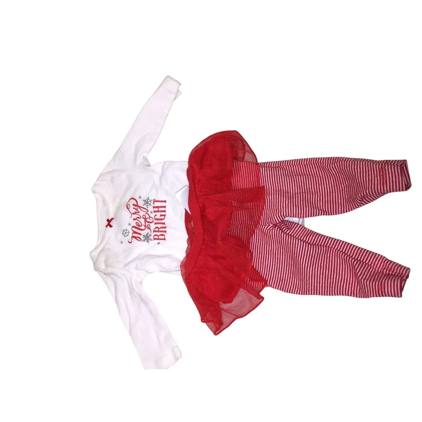 Baby girl holiday outfit with 'Merry and Bright' white top, red striped leggings, and red tutu