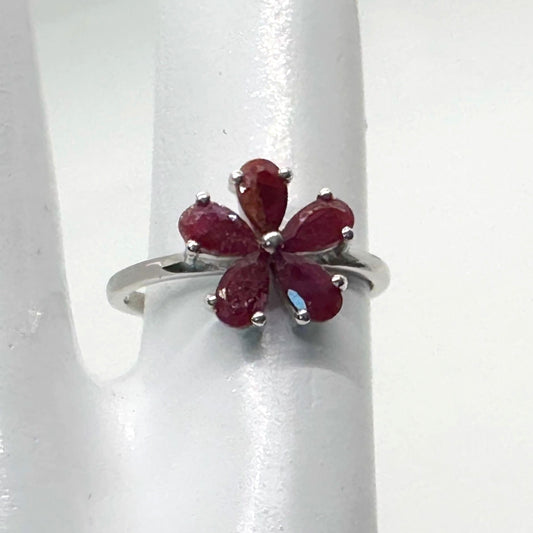 Natural Ruby Flower Ring -  Sterling Silver  - Size 8 - Simply Beautiful! A+ Stuff  A+ Stuff