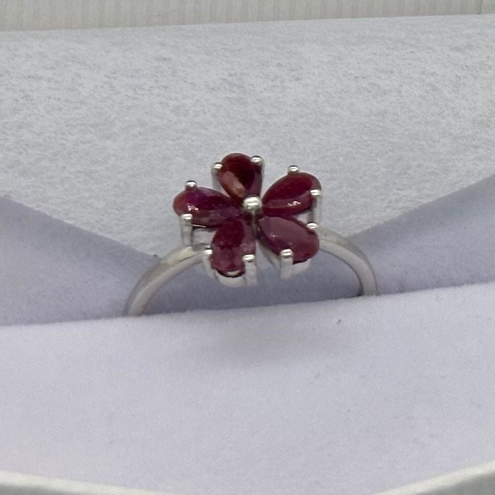 Natural Ruby Flower Ring -  Sterling Silver  - Size 8 - Simply Beautiful! A+ Stuff  A+ Stuff