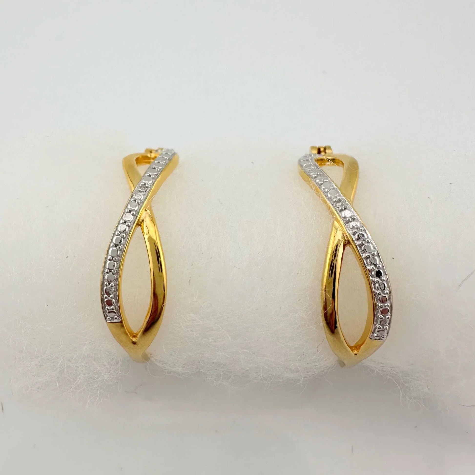 Beautiful Infinity Hoop Earrings - Sterling Silver and 14kt Gold Overlay with texturing and small diamond accent - A+ Stuff