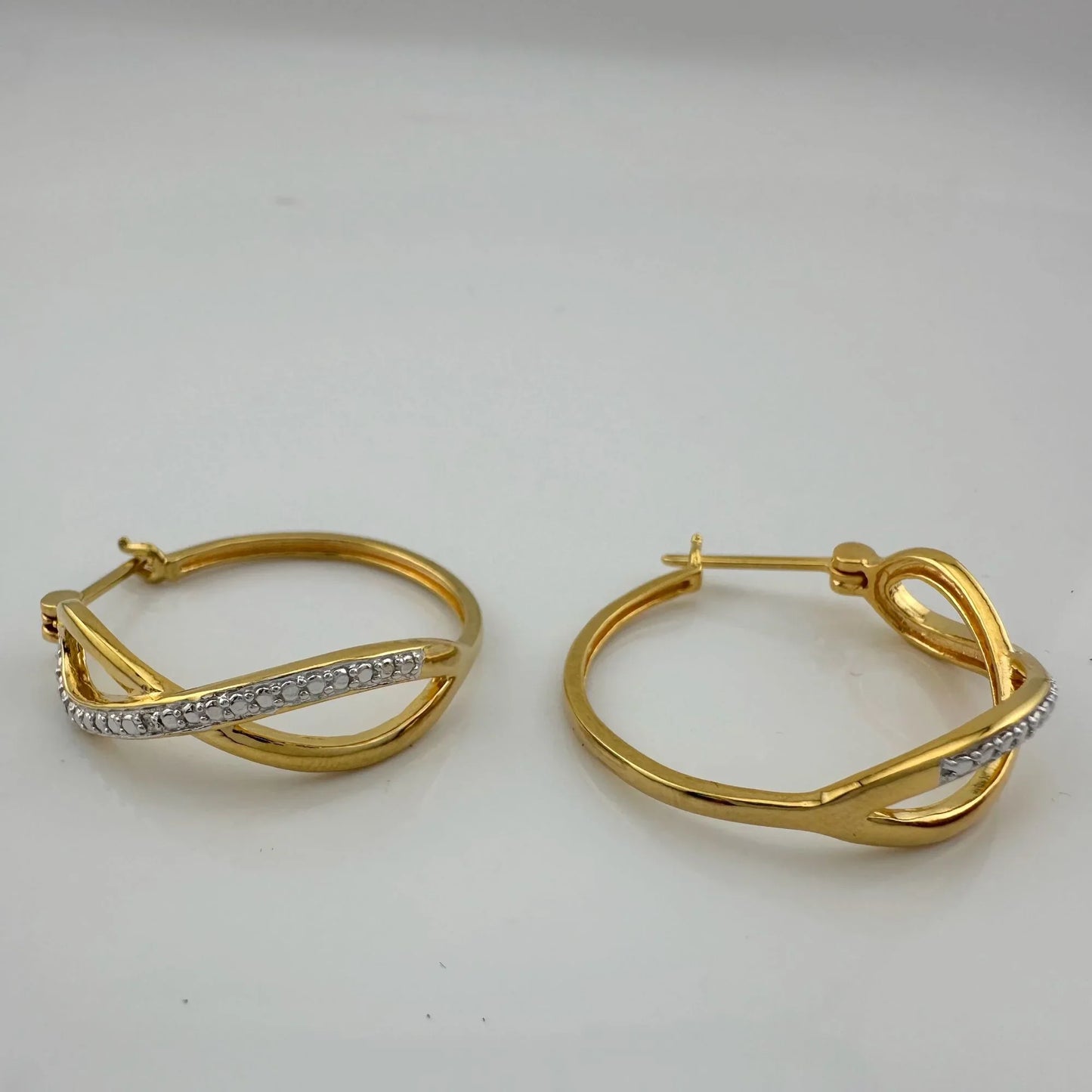 Beautiful Infinity Hoop Earrings - Sterling Silver and 14kt Gold Overlay with texturing and small diamond accent - A+ Stuff