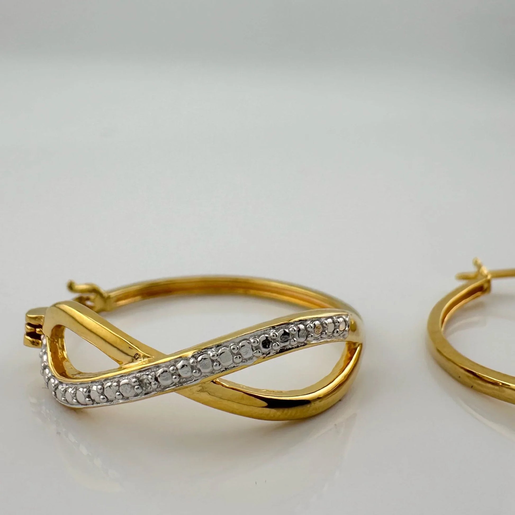 Beautiful Infinity Hoop Earrings - Sterling Silver and 14kt Gold Overlay with texturing and small diamond accent - A+ Stuff