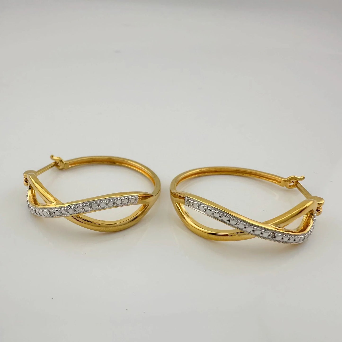 Beautiful Infinity Hoop Earrings - Sterling Silver and 14kt Gold Overlay with texturing and small diamond accent - A+ Stuff