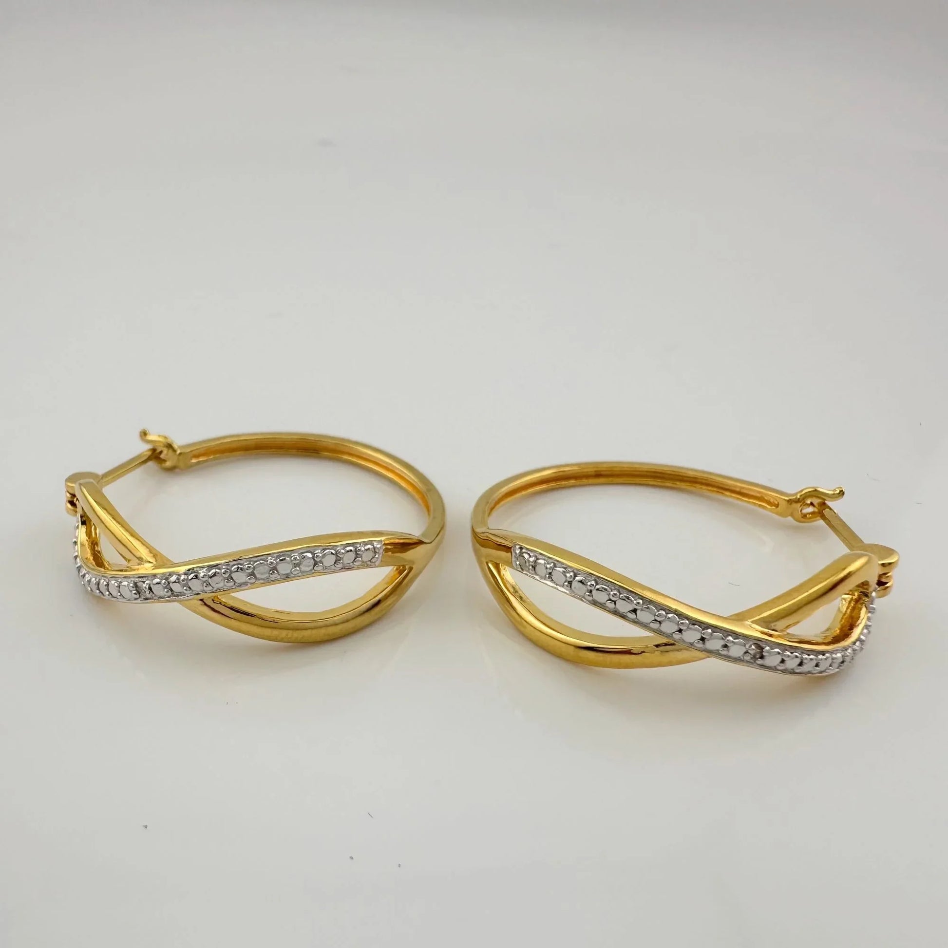 Beautiful Infinity Hoop Earrings - Sterling Silver and 14kt Gold Overlay with texturing and small diamond accent - A+ Stuff