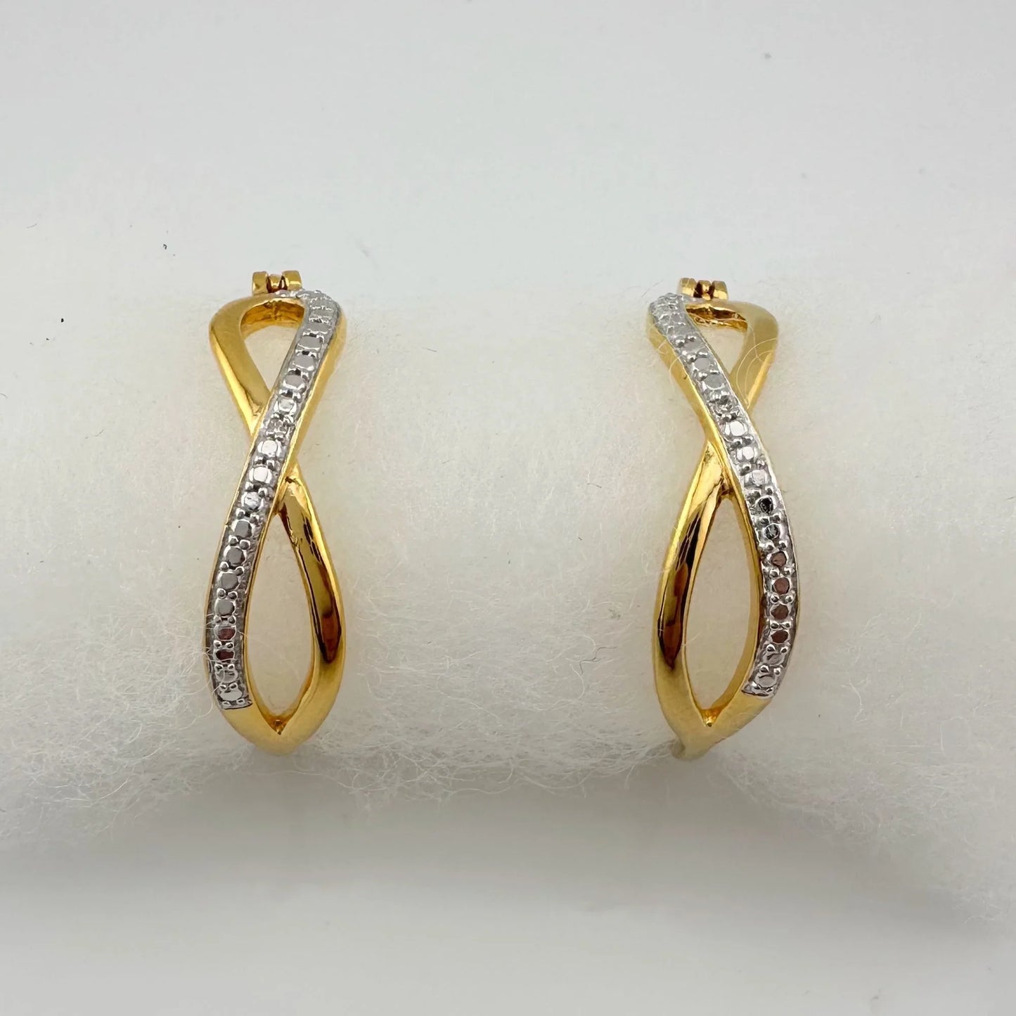 Beautiful Infinity Hoop Earrings - Sterling Silver and 14kt Gold Overlay with texturing and small diamond accent - A+ Stuff