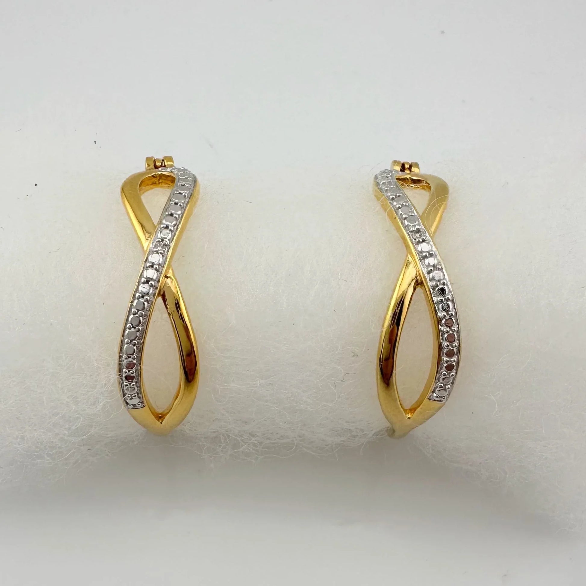 Beautiful Infinity Hoop Earrings - Sterling Silver and 14kt Gold Overlay with texturing and small diamond accent - A+ Stuff