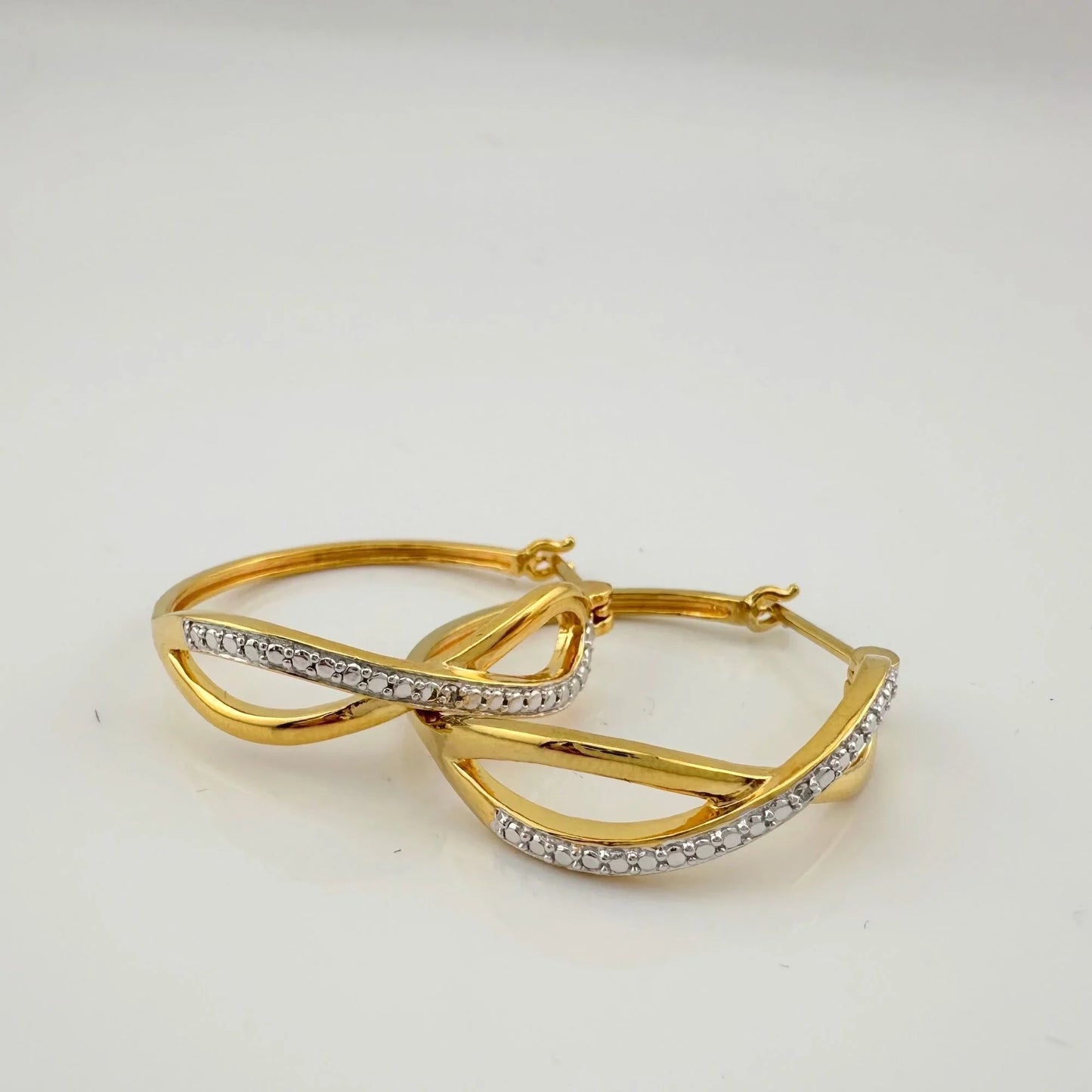 Beautiful Infinity Hoop Earrings - Sterling Silver and 14kt Gold Overlay with texturing and small diamond accent - A+ Stuff
