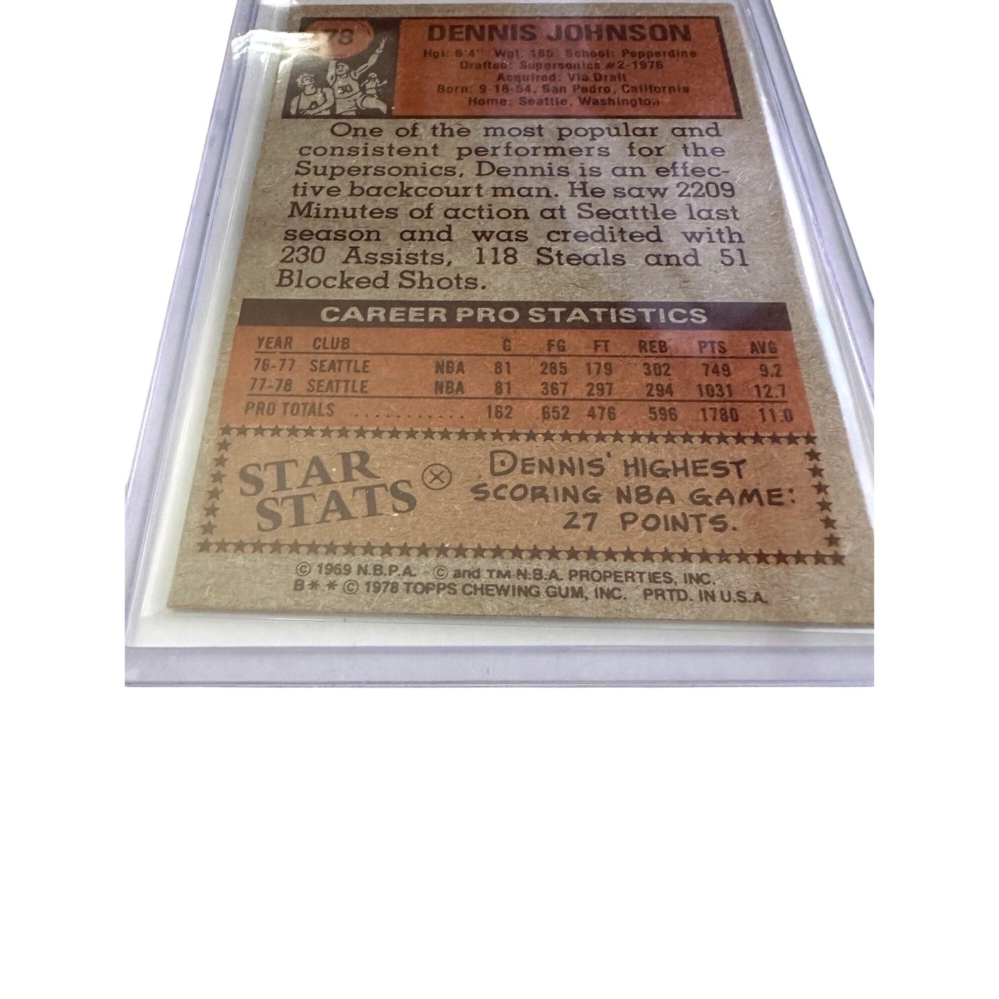 Dennis Johnson Seattle Supersonics 1978-79 Topps Basketball Card #78 Vintage Collectible