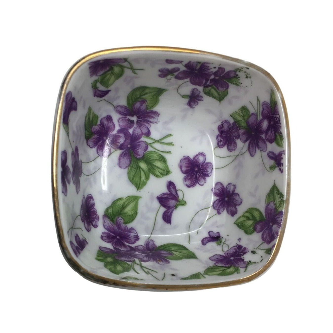 Small Vintage Squared Bowl with Purple Flowers inside it and B-355 On the Bottom