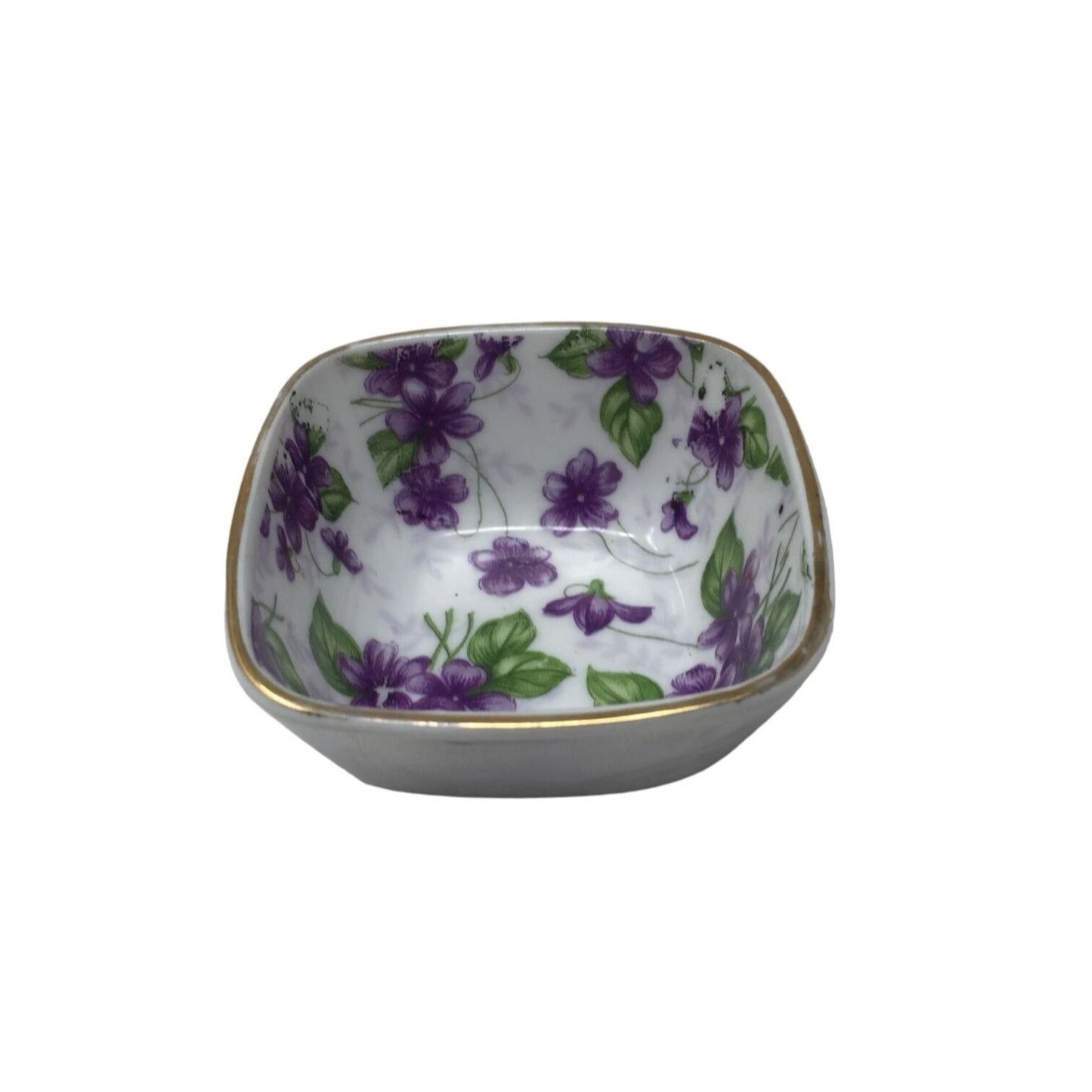 Small Vintage Squared Bowl with Purple Flowers inside it and B-355 On the Bottom