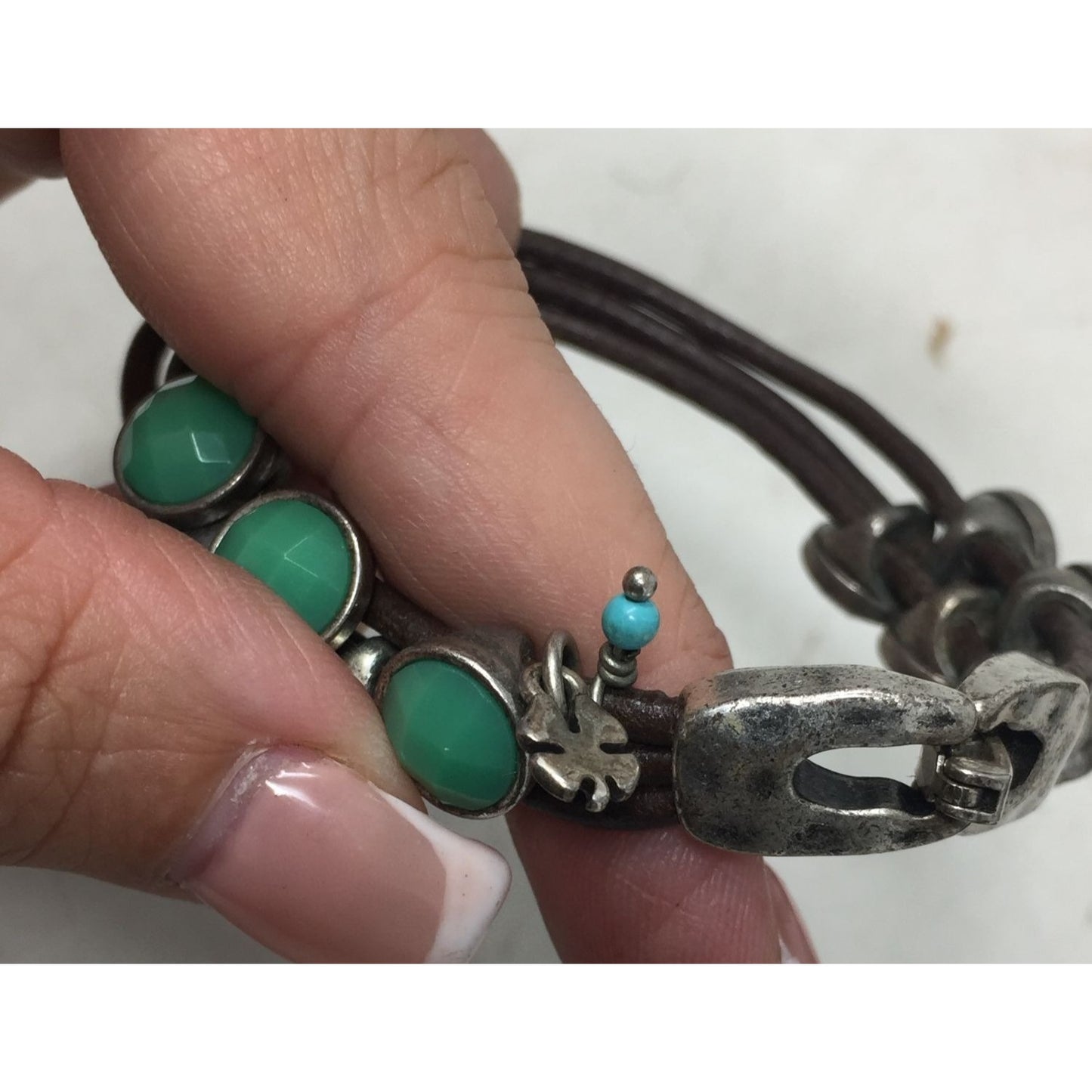 Women's Leather Rope Bracelet with Green & Silver Charms