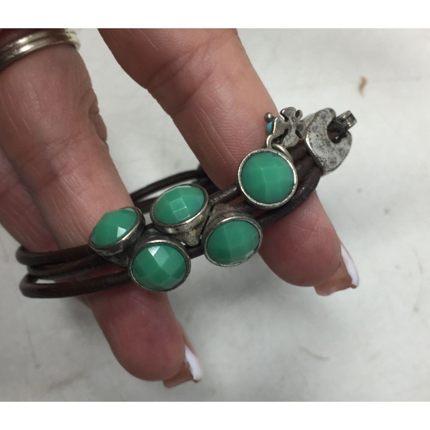 Women's Leather Rope Bracelet with Green & Silver Charms