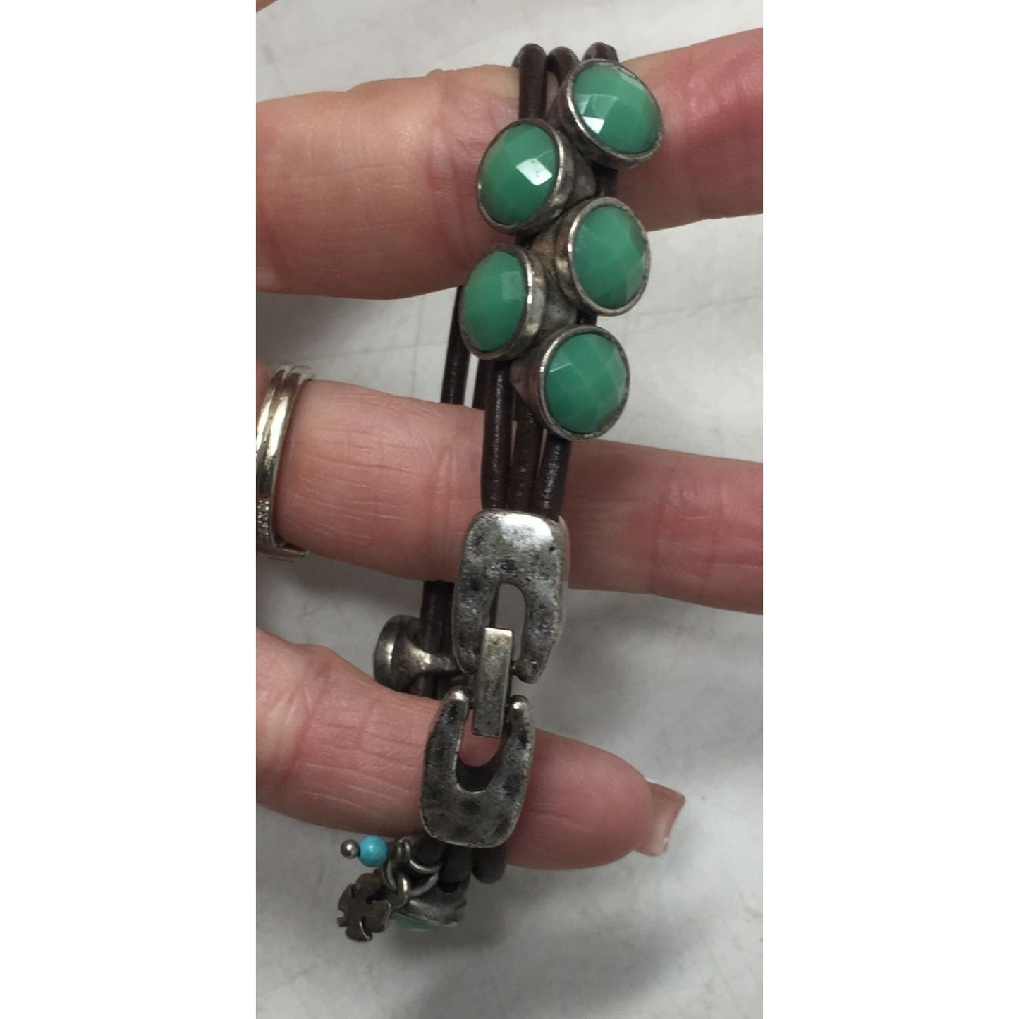 Women's Leather Rope Bracelet with Green & Silver Charms