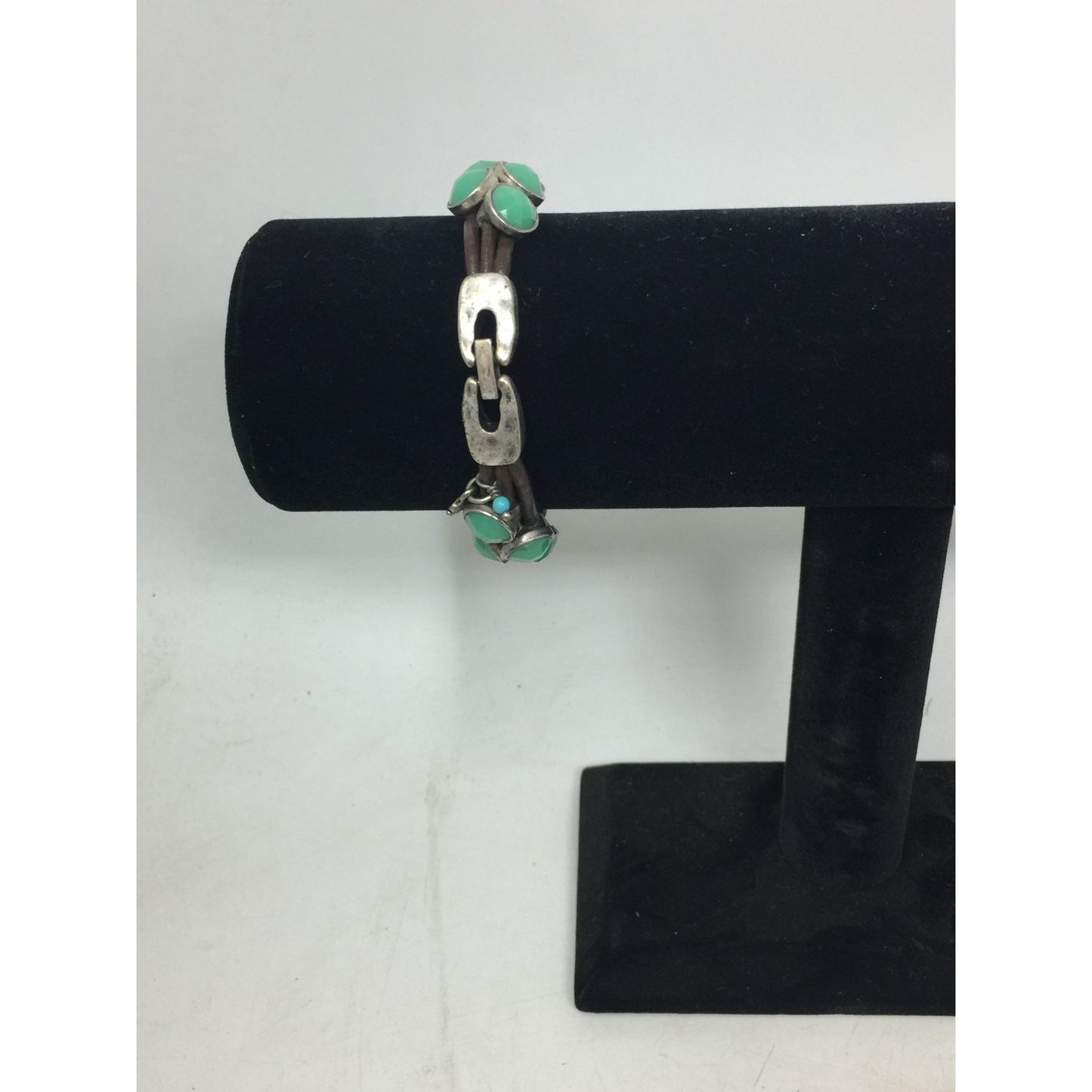 Women's Leather Rope Bracelet with Green & Silver Charms