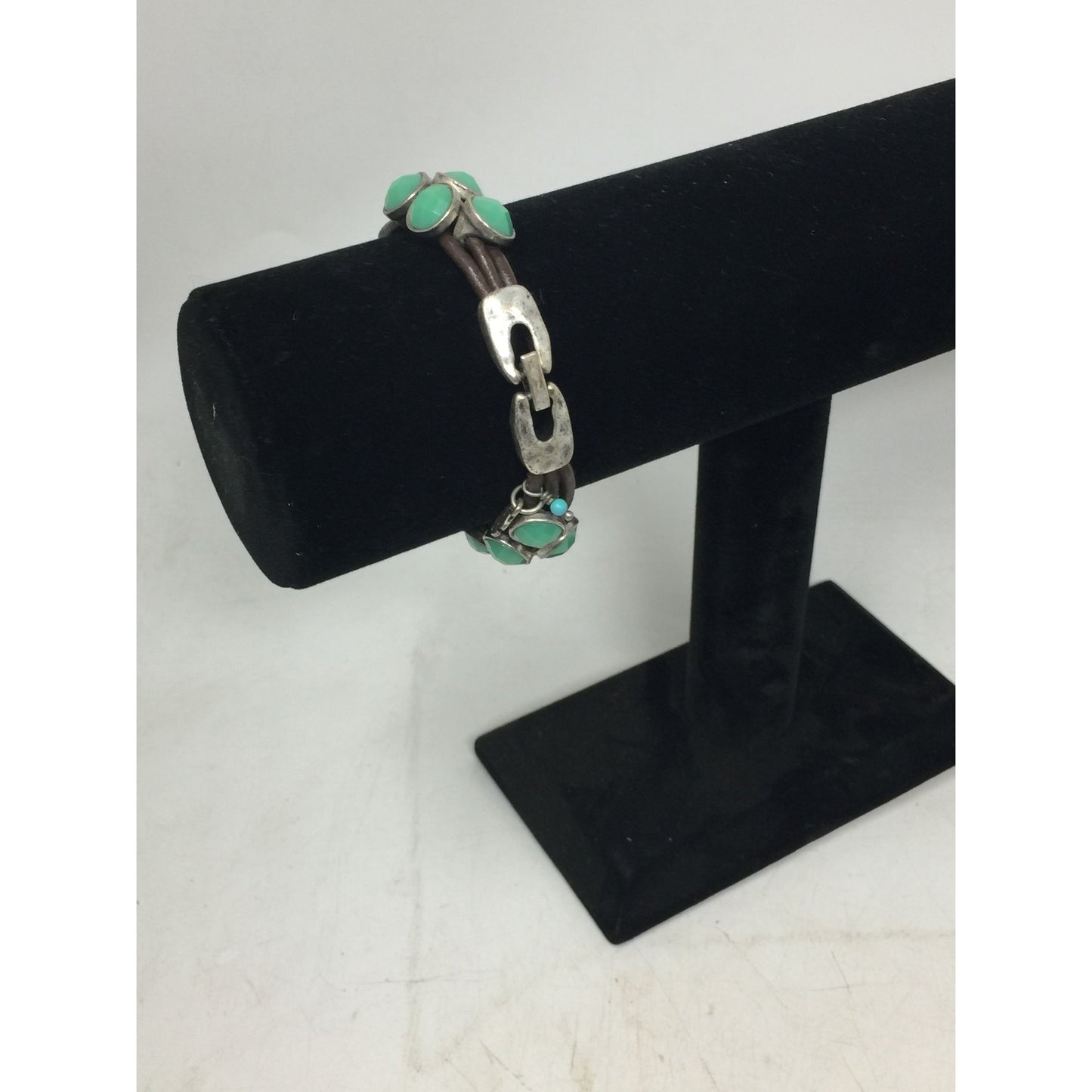 Women's Leather Rope Bracelet with Green & Silver Charms