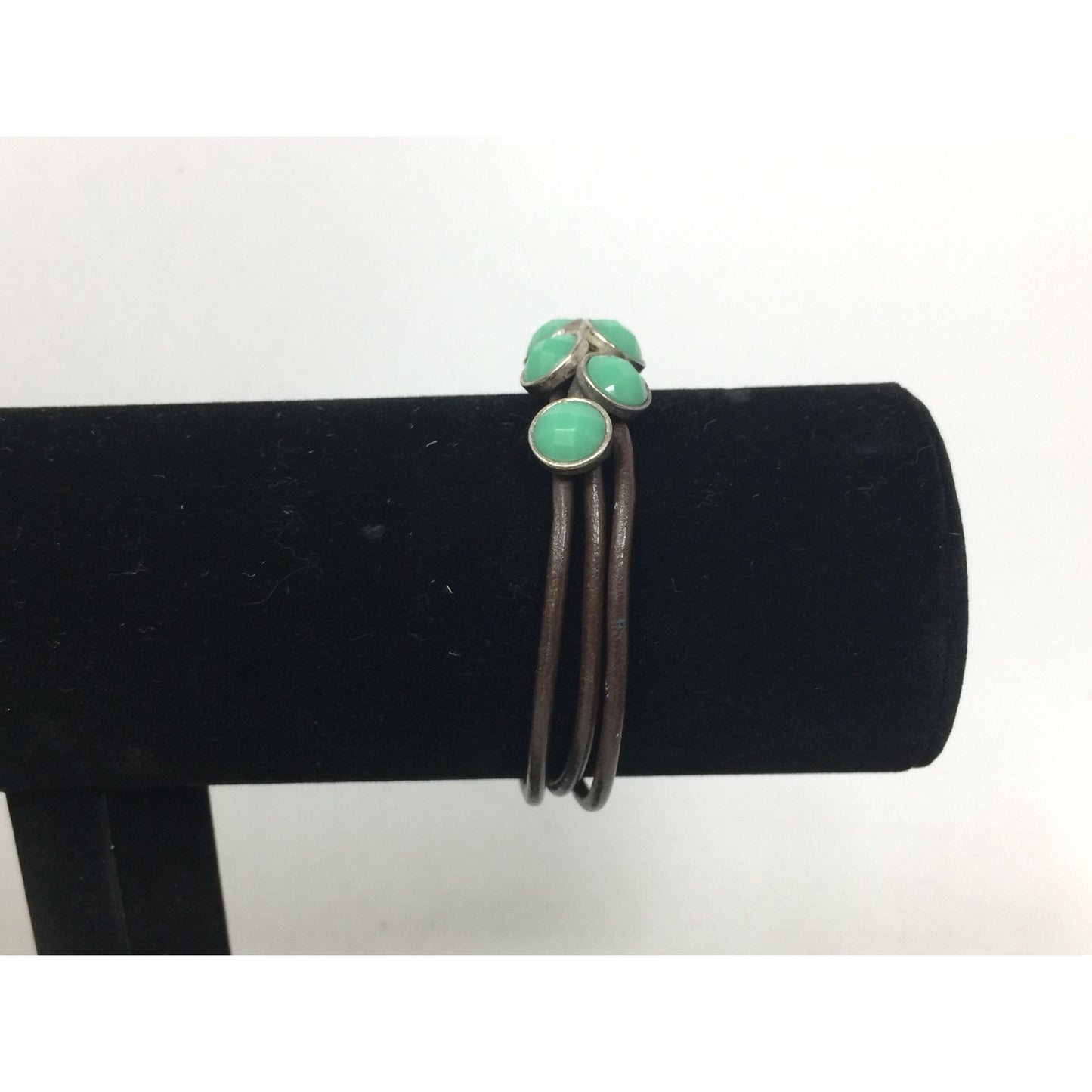 Women's Leather Rope Bracelet with Green & Silver Charms