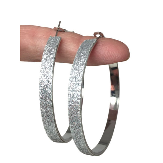 Women's Large Silver Toned Glittery Sparkly Hoop Earrings