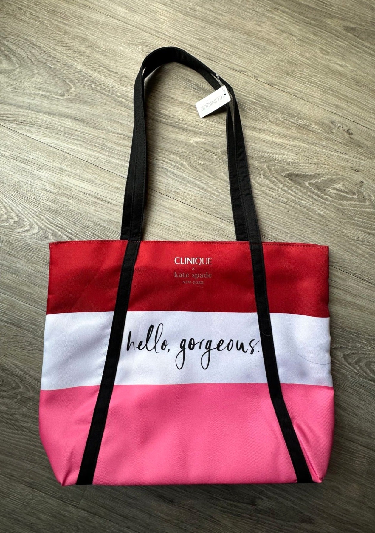 Clinique / Kate Spade 'Hello Gorgeous'  Red, White and Pink Stripe Bag with Black Handles NWT