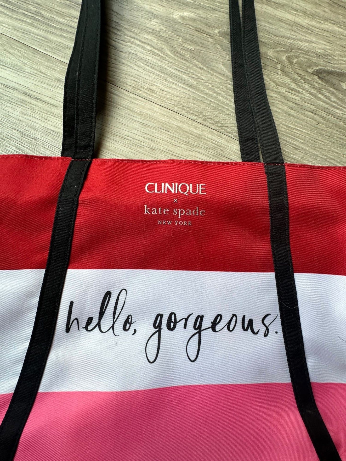 Clinique / Kate Spade 'Hello Gorgeous'  Red, White and Pink Stripe Bag with Black Handles NWT