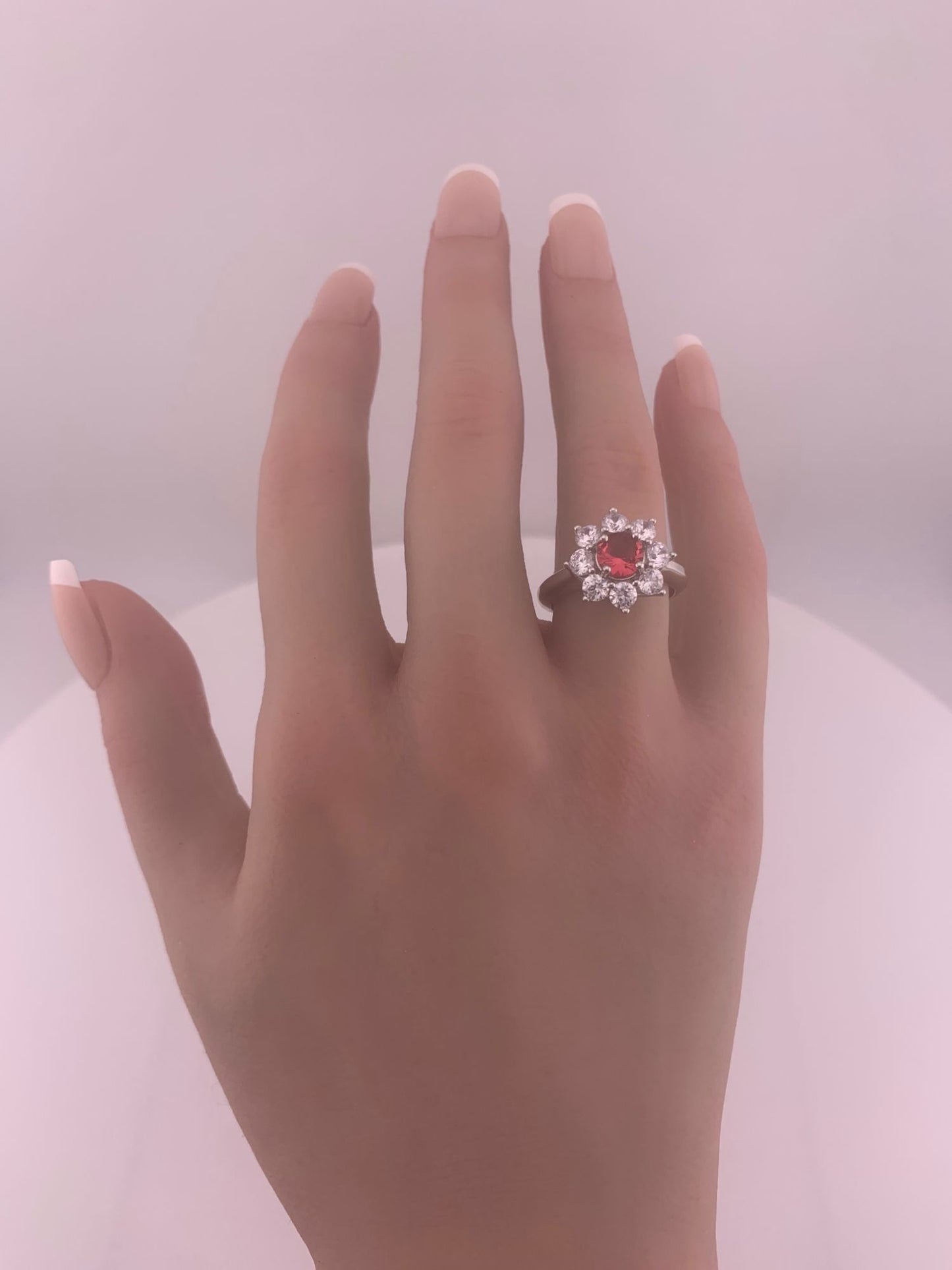 Beautiful and Bright Lab Created Ruby and White Topaz Flower Burst Ring