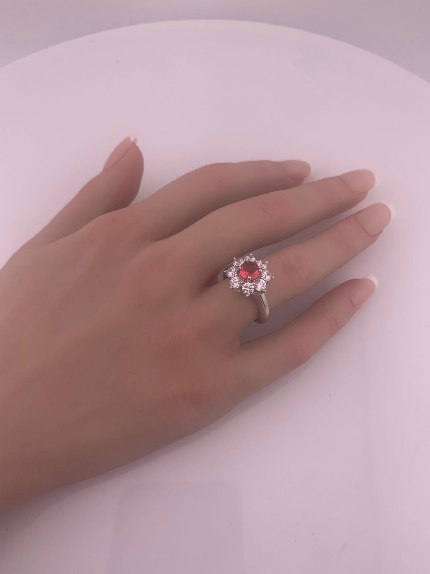 Beautiful and Bright Lab Created Ruby and White Topaz Flower Burst Ring