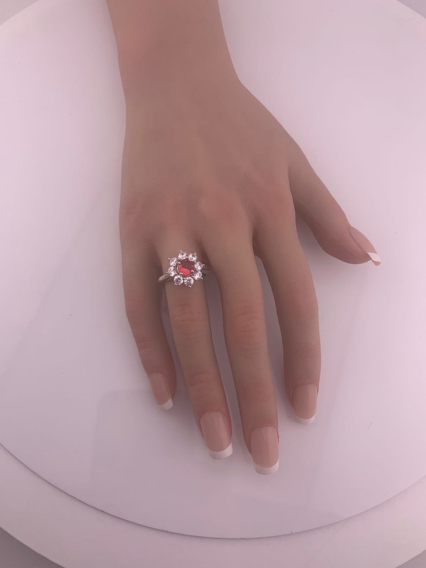 Beautiful and Bright Lab Created Ruby and White Topaz Flower Burst Ring