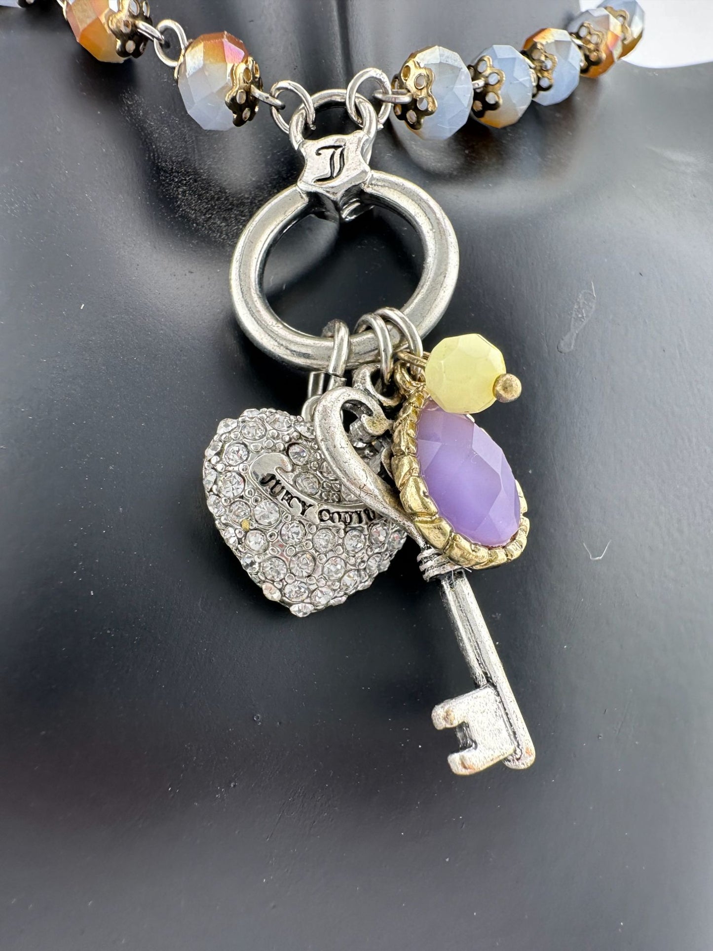 Juicy Couture Charm Necklace Heart, Key and Gemstone on Ring - Ombre Beads - NWT