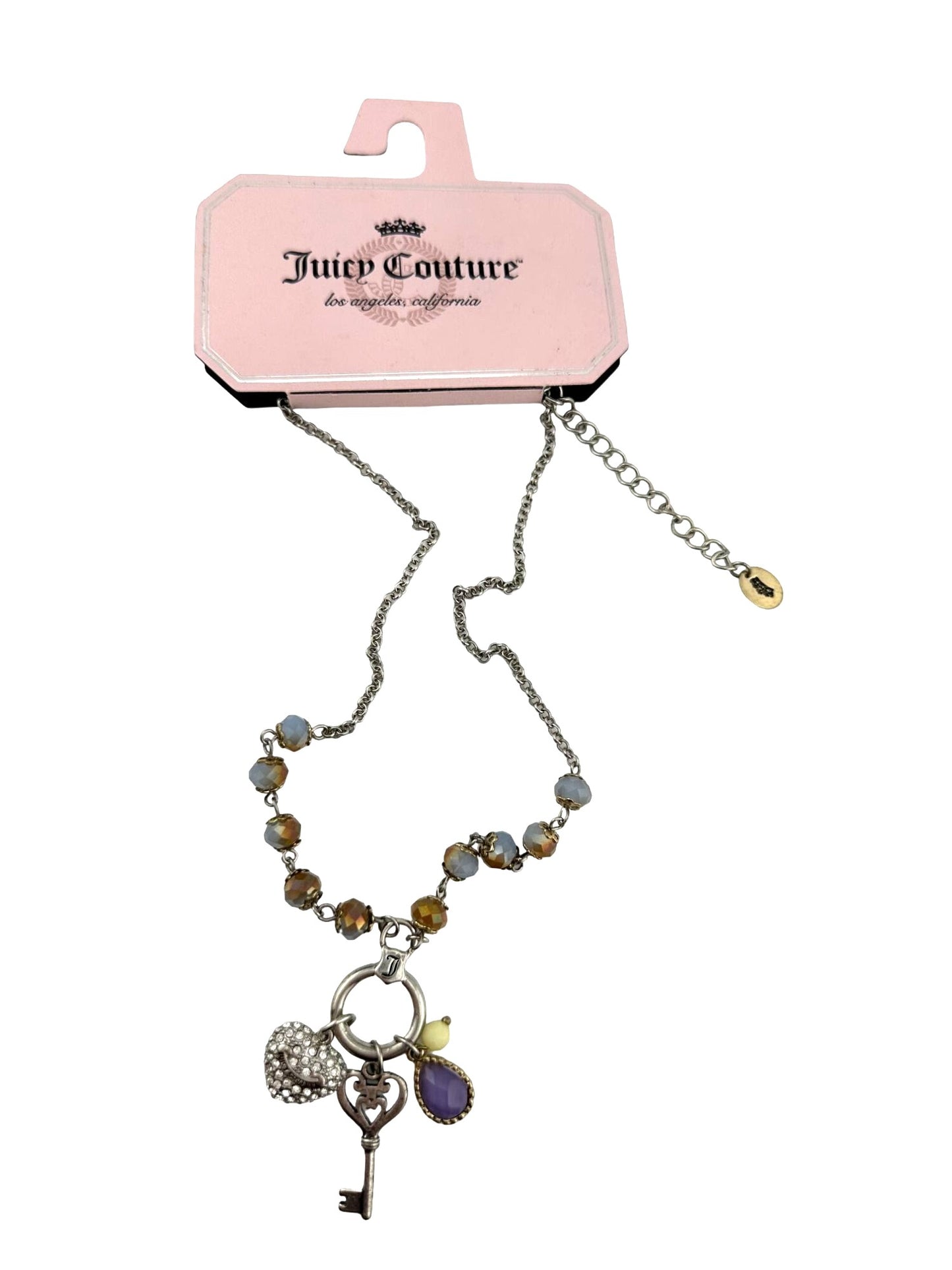 Juicy Couture Charm Necklace Heart, Key and Gemstone on Ring - Ombre Beads - NWT