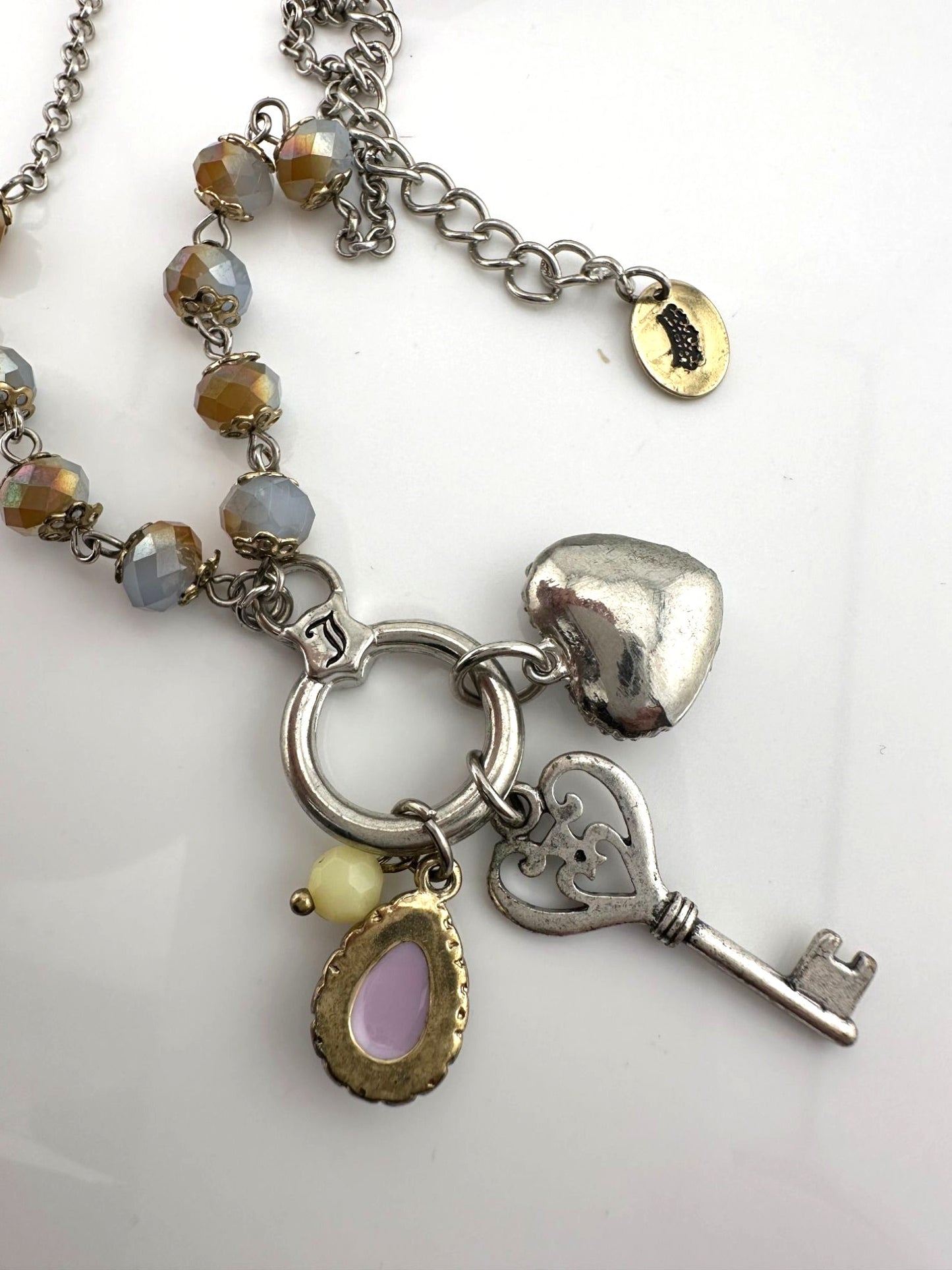 Juicy Couture Charm Necklace Heart, Key and Gemstone on Ring - Ombre Beads - NWT