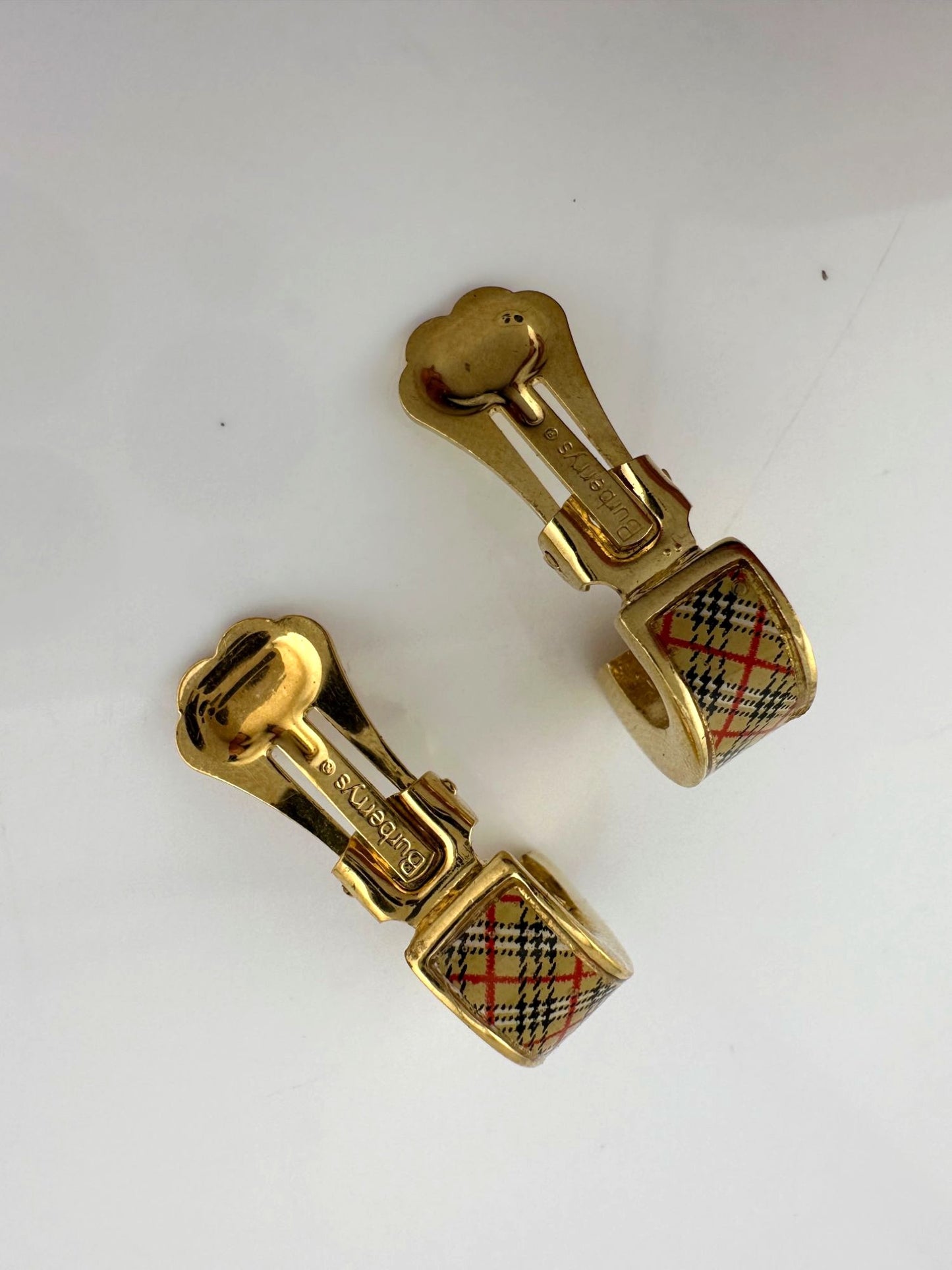 Burberry Nova Check Gold Tone Clip On Hoop Earrings