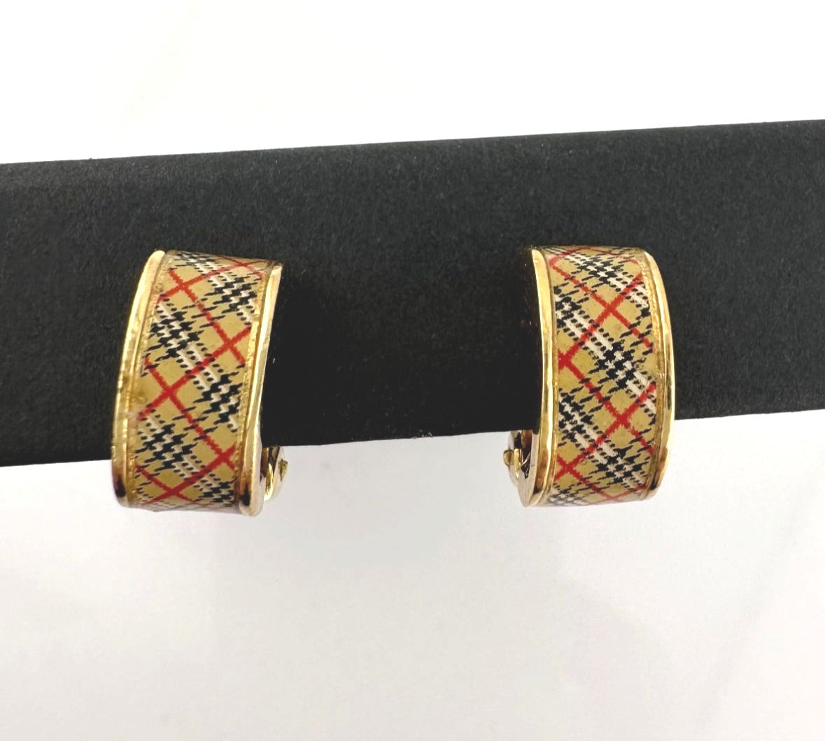 Burberry Nova Check Gold Tone Clip On Hoop Earrings