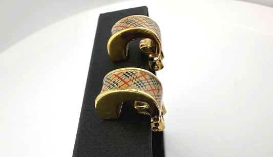 Burberry Nova Check Gold Tone Clip On Hoop Earrings