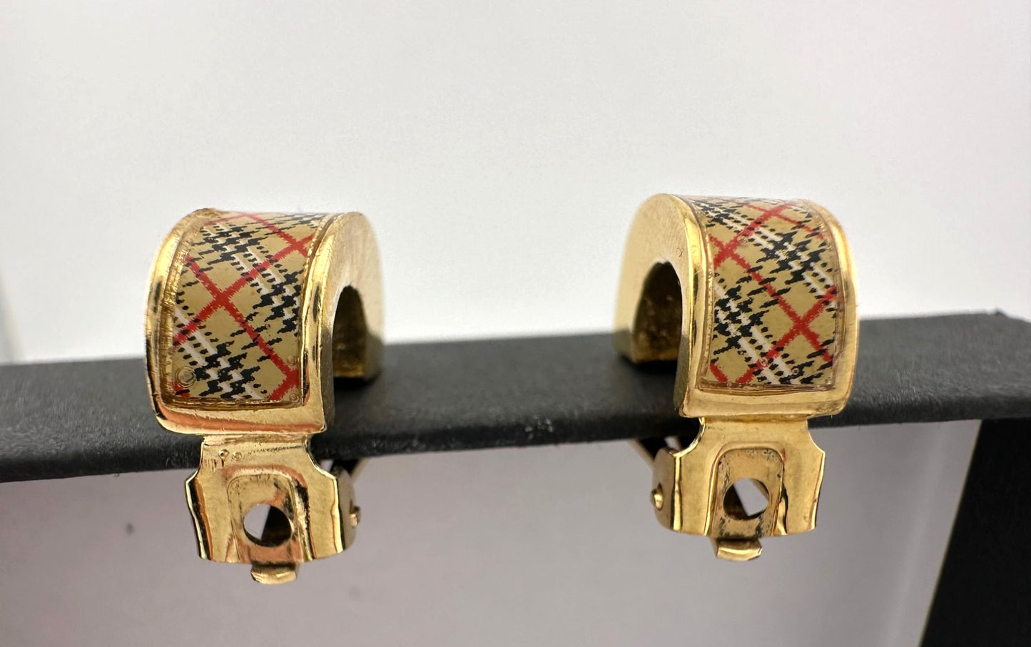 Burberry Nova Check Gold Tone Clip On Hoop Earrings