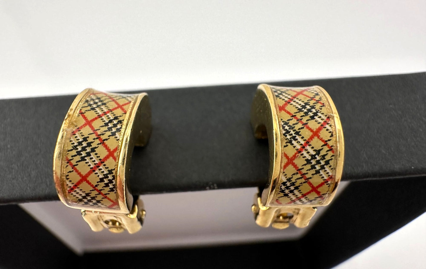 Burberry Nova Check Gold Tone Clip On Hoop Earrings