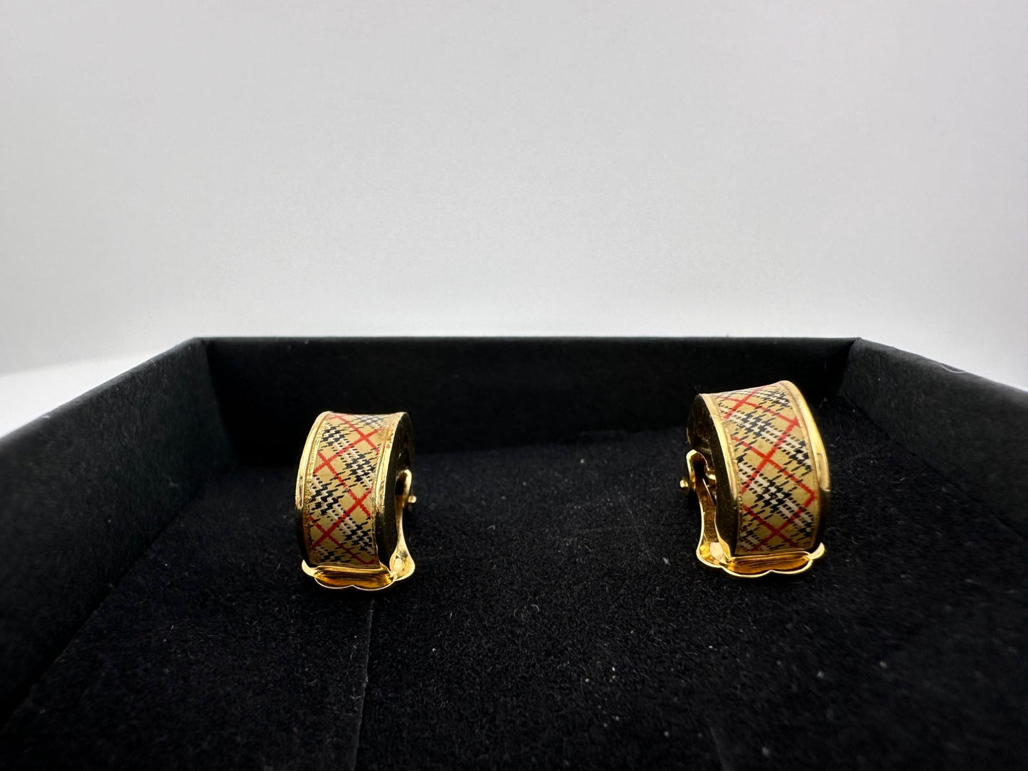 Burberry Nova Check Gold Tone Clip On Hoop Earrings