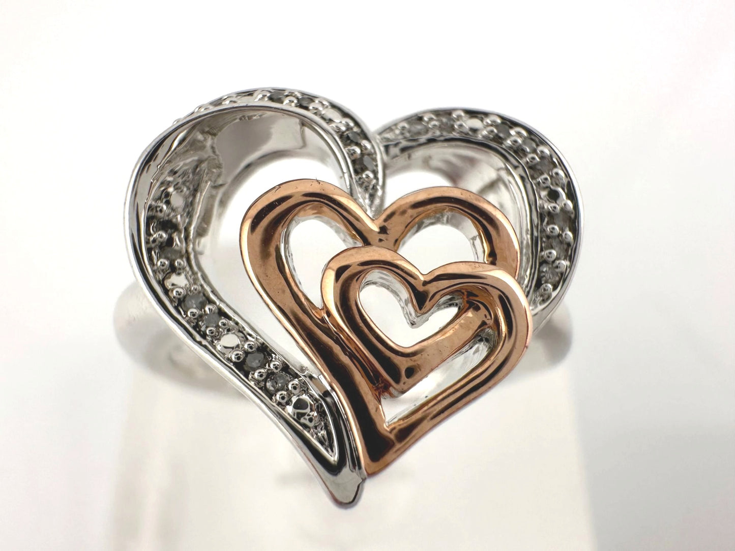 Natural Diamond Triple Heart Ring - Two Tone - Size 7.25