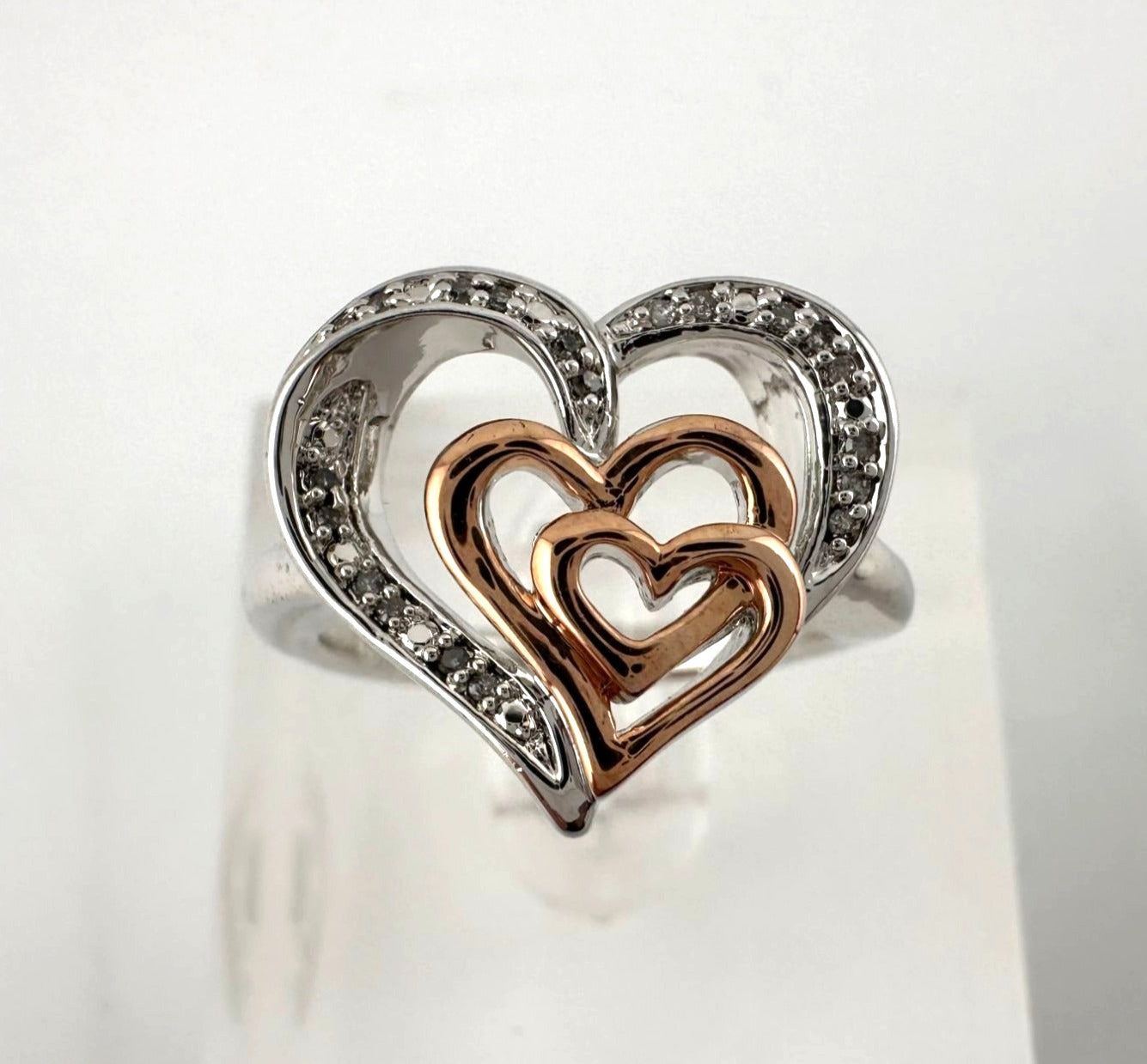 Natural Diamond Triple Heart Ring - Two Tone - Size 7.25