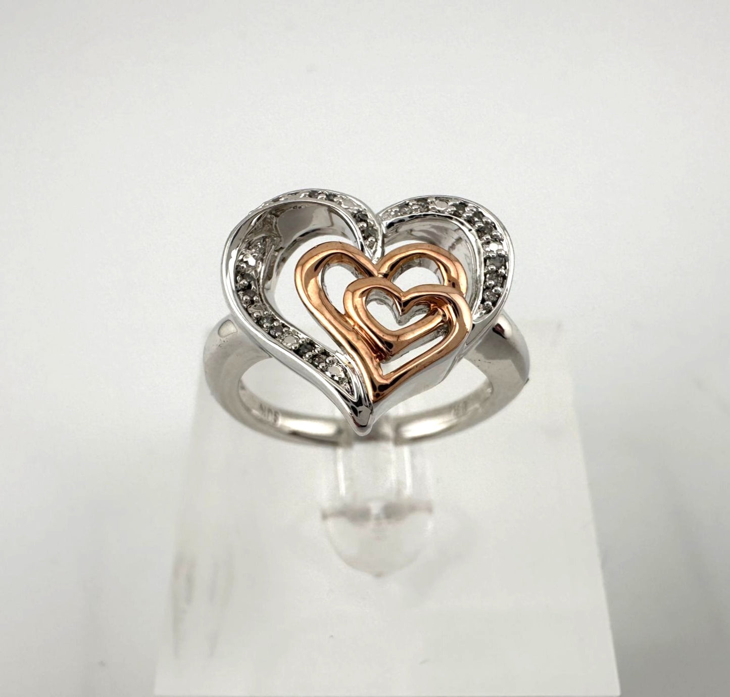 Natural Diamond Triple Heart Ring - Two Tone - Size 7.25