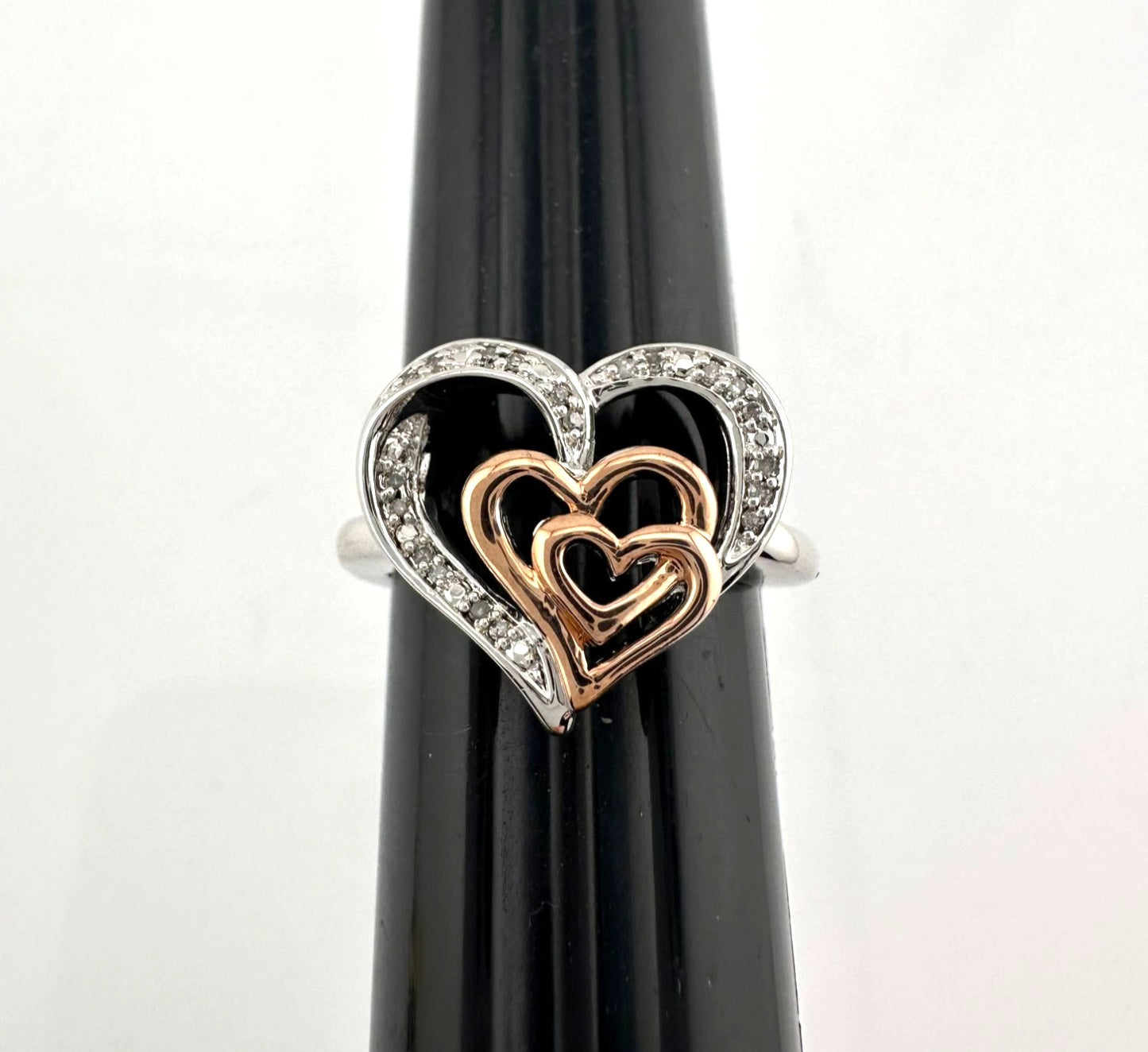 Natural Diamond Triple Heart Ring - Two Tone - Size 7.25