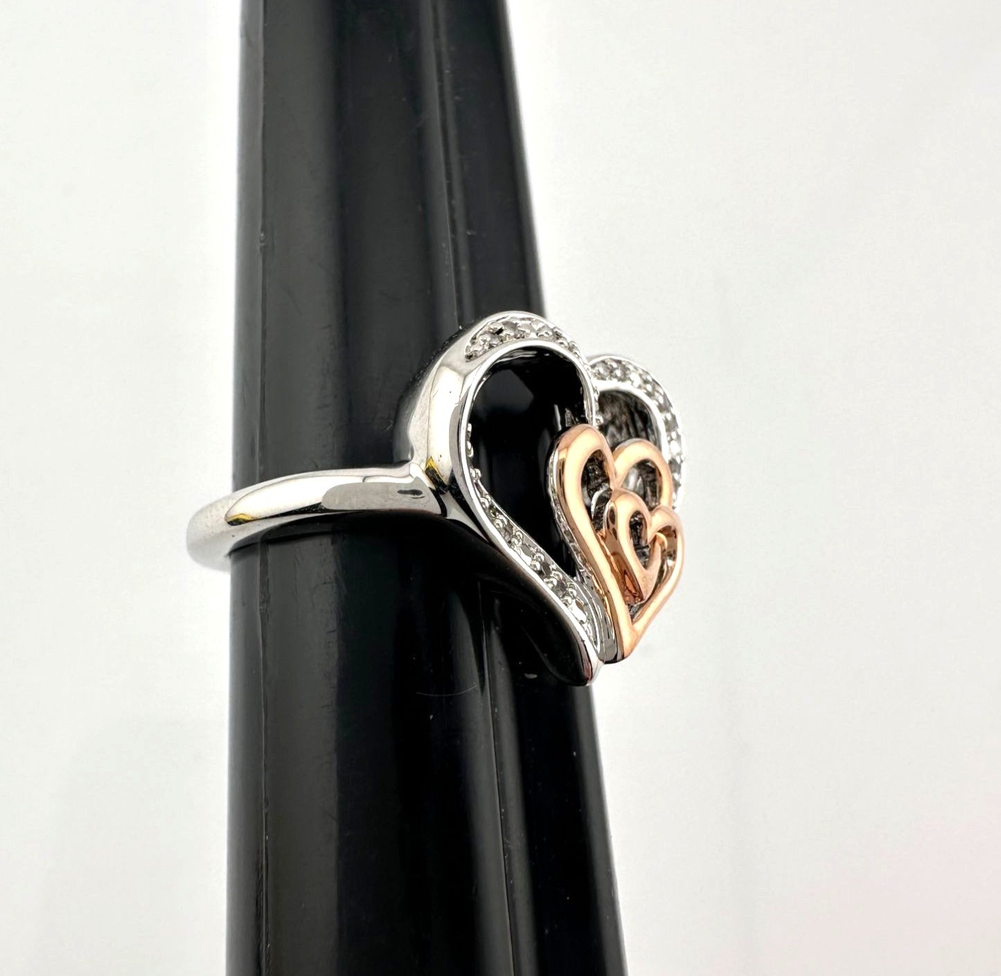 Natural Diamond Triple Heart Ring - Two Tone - Size 7.25