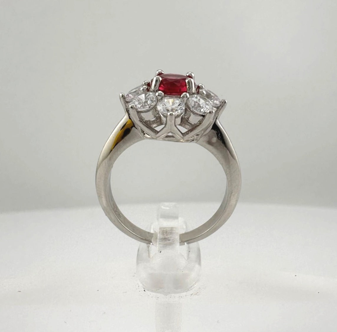 Beautiful and Bright Lab Created Ruby and White Topaz Flower Burst Ring