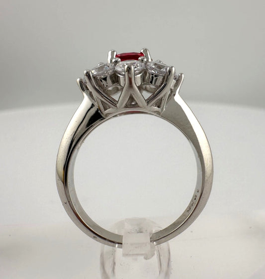 Beautiful and Bright Lab Created Ruby and White Topaz Flower Burst Ring